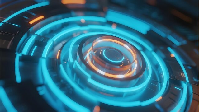 Abstract futuristic digital interface with glowing concentric rings and neon blue and orange lighting
