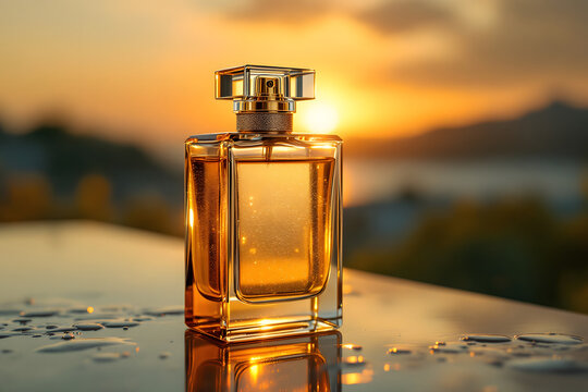 Luxury perfume bottle with golden liquid standing on reflective surface at sunset, elegant fragrance advertising with glowing sunlight, water droplets, and cinematic background for high-end beauty and