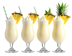 Four creamy, tropical drinks in stemmed glasses, garnished with pineapple
