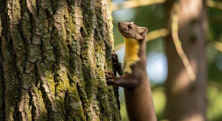 Obraz premium Curious Pine Marten Gazing Upward, Climbing Mossy Tree Trunk, Forest Wildlife.