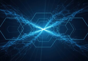 Futuristic blue hexagonal grid with glowing energy rays and abstract light patterns