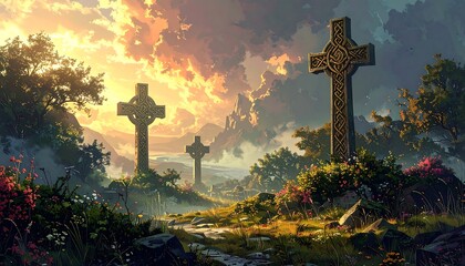 Mystical crosses in a serene landscape with vibrant sky and picturesque scenery