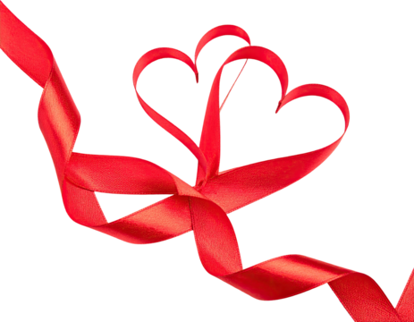 A red ribbon swirls with heart-shaped loops against a black background