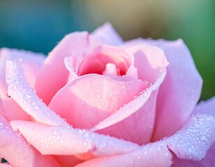 Close-up of a delicate pink rose with dew drops