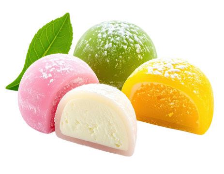 Colorful glutinous rice balls, some cut, with fillings, powdered, leaf nearby