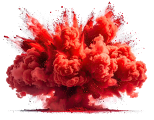 A vibrant, exploding cloud of red, powder-like substance