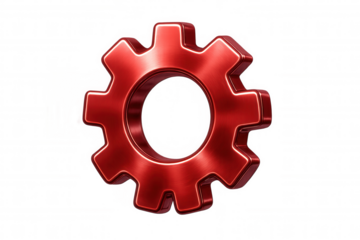 Red brushed metal gear icon symbolizing configuration, mechanical solutions, and digital settings. Transparent background