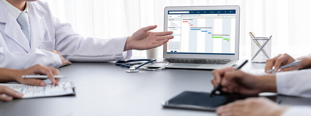 Project planning software for brisk business project management on the computer screen showing...
