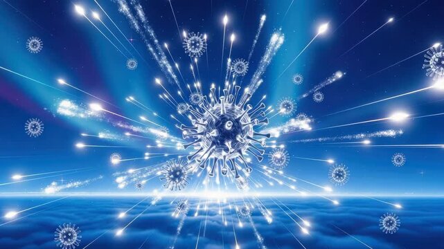 Many virus-like entities fill blue cosmic sky above clouds A central structure radiates glowing projectiles and sparkling energy trails depicting widespread microscopic event