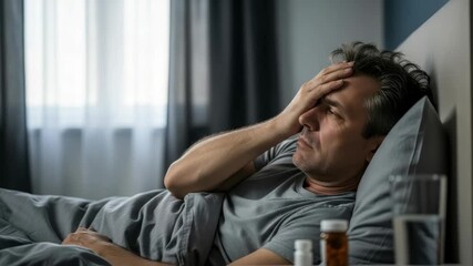 distressed man in grey t-shirt lies in bed hand on forehead experiencing discomfort Medication bottles and glass of water are on the bedside table - Powered by Adobe