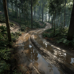 Muddy forest trail with deep tire tracks and water puddles winding through tall trees