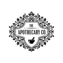 Elegant black and white logo featuring the words 'The Apothecary Co.' with floral embellishments and a mortar and pestle.