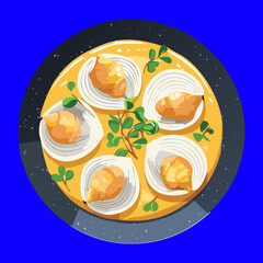 Top-down view of baked scallops in their shells, topped with green herbs and a light golden sauce in a dark serving pan - Vector Illustration	