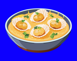 Fifteen succulent scallops baked in individual shells with a bright savory sauce, freshly presented in a large dark blue serving bowl - Vector Illustration	