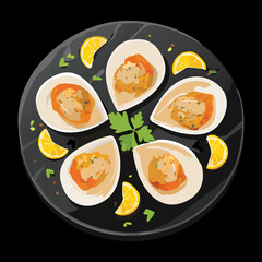 Large Fresh Oysters Served Raw on the Half Shell with Lemon and Herb Garnish on a Black Platter - Vector Illustration	
