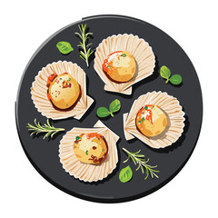 Pan-Fried Scallops with Butter and Rosemary Served in a Cast Iron Skillet for a Savory Seafood Dish - Vector Illustration	
