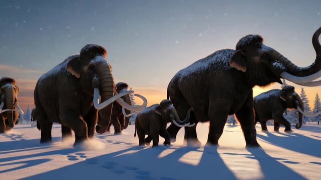 magnificent herd of woolly mammoths including adults and calf treks across pristine snowy winter landscape Golden sun backlights them as gentle snowflakes fall leaving clear footprints behind