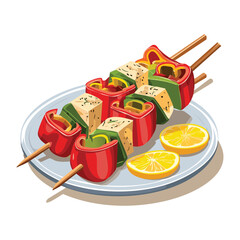 Healthy grilled skewers of red peppers and tofu served with a lemon wedge and fresh herb garnish on a small white plate - Vector Illustration	