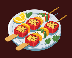 Appetizing grilled skewers of red and yellow bell peppers and tofu, garnished with lemon and herbs, on a white plate - Vector Illustration	