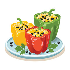 Three vibrant stuffed bell peppers filled with rice, herbs, and spices, presented on a small blue and white serving plate - Vector Illustration	