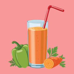  Tall glass of freshly squeezed carrot and apple juice with a red straw, garnished with parsley and healthy ingredients nearby - Vector Illustration