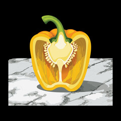  Single bright yellow bell pepper, perfectly sliced in half, resting on a glossy white and gray marble countertop - Vector Illustration

