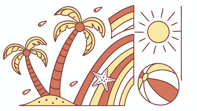 Vibrant summer beach scene with palm trees, rainbow, sun, starfish, and beach ball, perfect for travel promotions, vacation planning, or summer themed designs