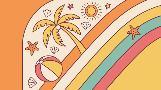 Charming retro summer vibe illustration with beach ball, palm tree, sun, and starfish ready for your fun vacation designs and creative tropical themed projects - Powered by Adobe