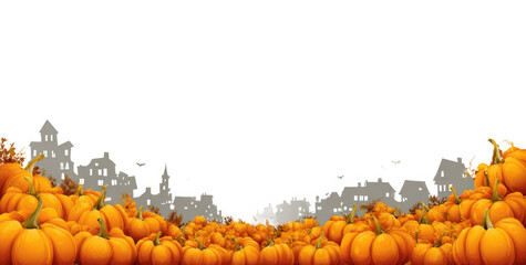 Vibrant Halloween themed background featuring multitude of pumpkins in various sizes, set against silhouette of town. scene evokes festive and spooky atmosphere, perfect for seasonal celebrations