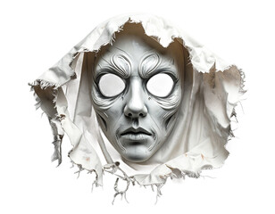 Ornate White Mask with Fabric Hood Isolated on Black Background