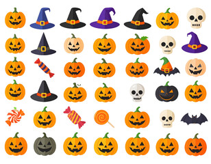 Pixelated Halloween Elements Composition with Pumpkins Hats Skulls and Candy on Black Background