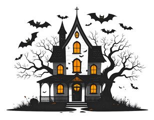 Pixelated Spooky House with Bats Silhouetted Against a Transparent Background