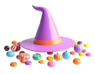 Purple Witch Hat and Colorful Candies on Black Background Festive Decoration