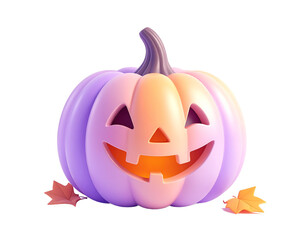 Smiling Carved Pumpkin with Orange and Purple Hues and Autumnal Leaves on Transparent Background