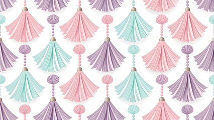 Pastel Tassel Fringe Pattern with Folded Paper Texture. Seamless pattern of pastel folded paper tassels and fringed edges in pink, mint, lavender—delicate decorative design.