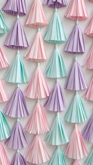 Pastel Tassel Fringe Pattern with Folded Paper Texture. Seamless pattern of pastel folded paper tassels and fringed edges in pink, mint, lavender—delicate decorative design.