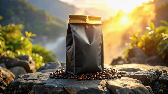 Bolsa de caf&eacute; colocada sobre una roca con fondo de naturaleza iluminada por el sol