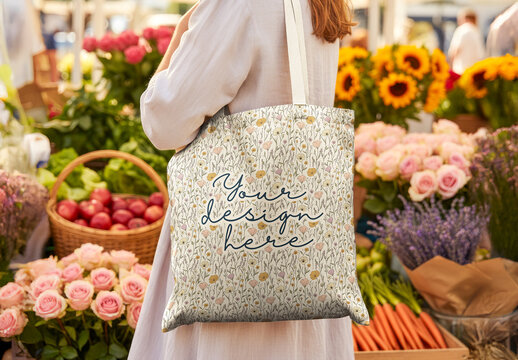 Woman with a blank tote bag shopping for flowers at an outdoor market.