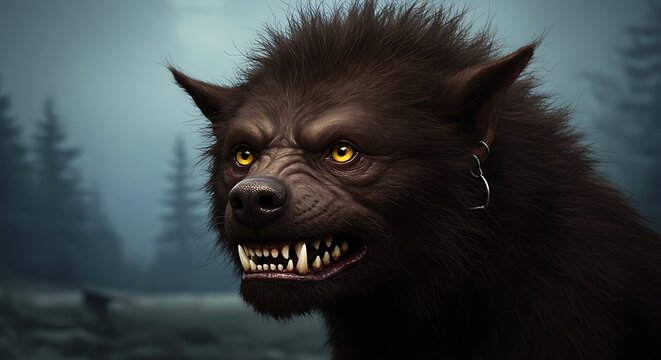 Intense werewolf illustration with glowing yellow eyes in a dark forest setting - Powered by Adobe