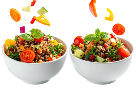 Two bowls of quinoa salad with fresh vegetables, ingredients floating