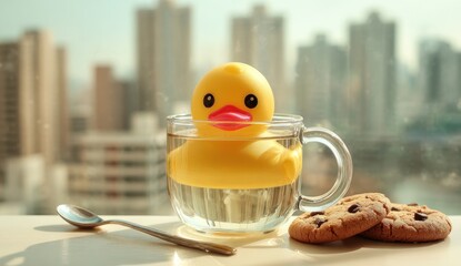 A yellow rubber duck floats in a glass cup of water, with cookies beside it.