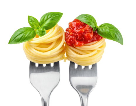 Two forks hold pasta nests, one plain, one with sauce, topped with basil