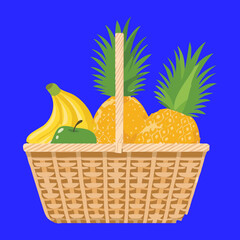 Wicker basket overflowing with a tropical fruit assortment: pineapples, bananas, and other vibrant, fresh produce - Vector Illustration	