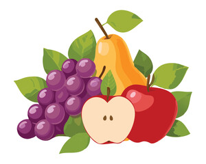 Delicious fruit still life featuring pears, apples, and purple grapes with green leaves, an autumn harvest composition - Vector Illustration	