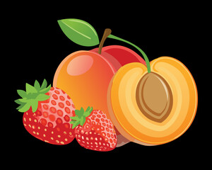 Halved peach or apricot showing the pit, surrounded by fresh red cherries and strawberries against a dark background - Vector Illustration	
