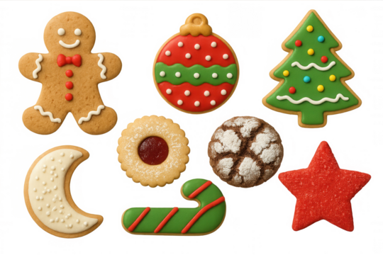 Christmas holiday cookies set, various festive gingerbread shapes and decorated biscuits celebrating the winter season