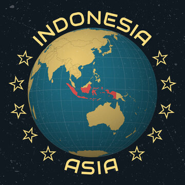Indonesia on Globe. Country name round text. Vintage look with grunge scratched texture. Country view on world map in Sky Blue Light Yellow color palette. Indonesia shape on map.
