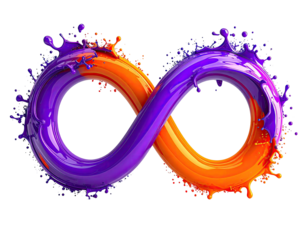 Infinity symbol formed of vibrant purple and orange paint with splatters