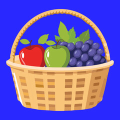 Traditional Woven Basket Overflowing with Ripe Apples and Dark Grapes Symbolizing Autumn Harvest and Abundance Against a Light Background - Vector Illustration