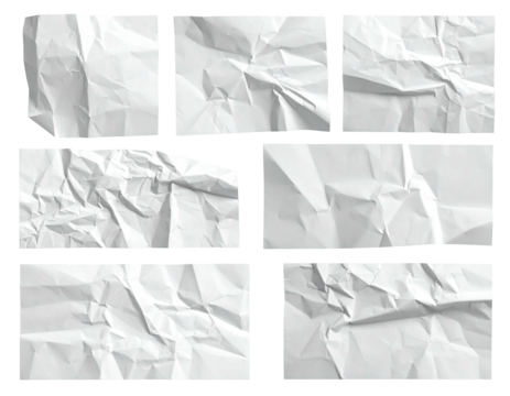 Seven rectangular sheets of wrinkled white paper, isolated on a black background